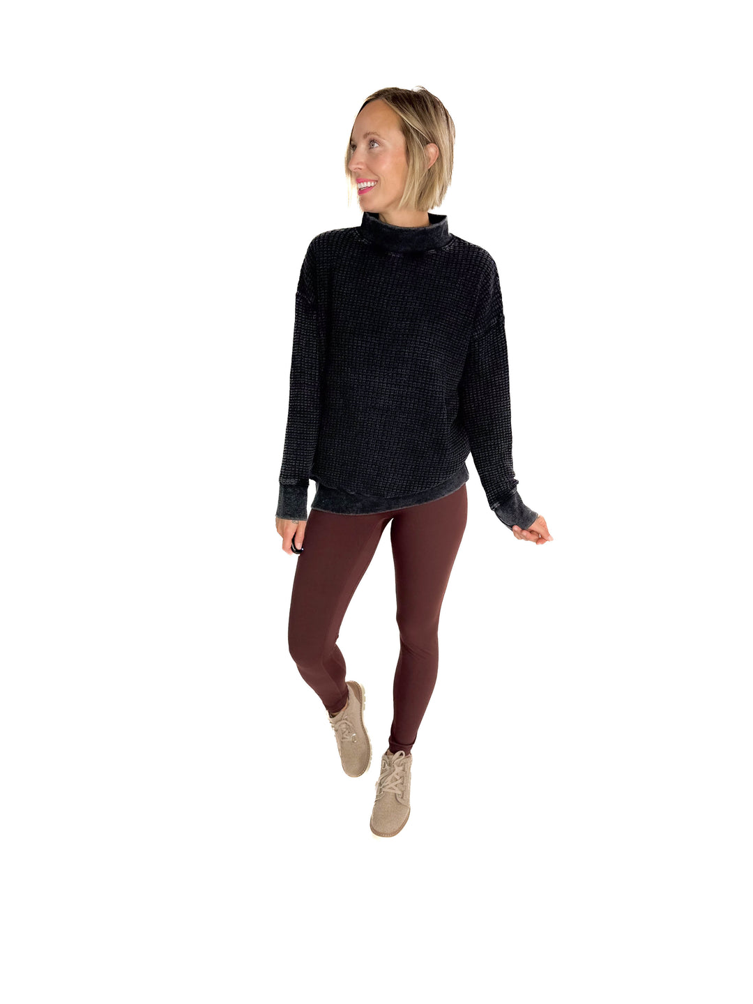 MONO B Trailblazer Chunky Waffle Mock Neck Sweater- BLACK