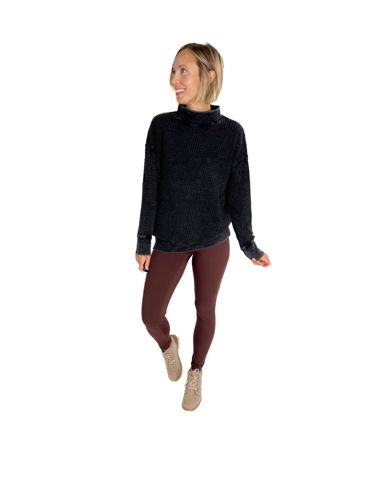 MONO B Trailblazer Chunky Waffle Mock Neck Sweater- BLACK