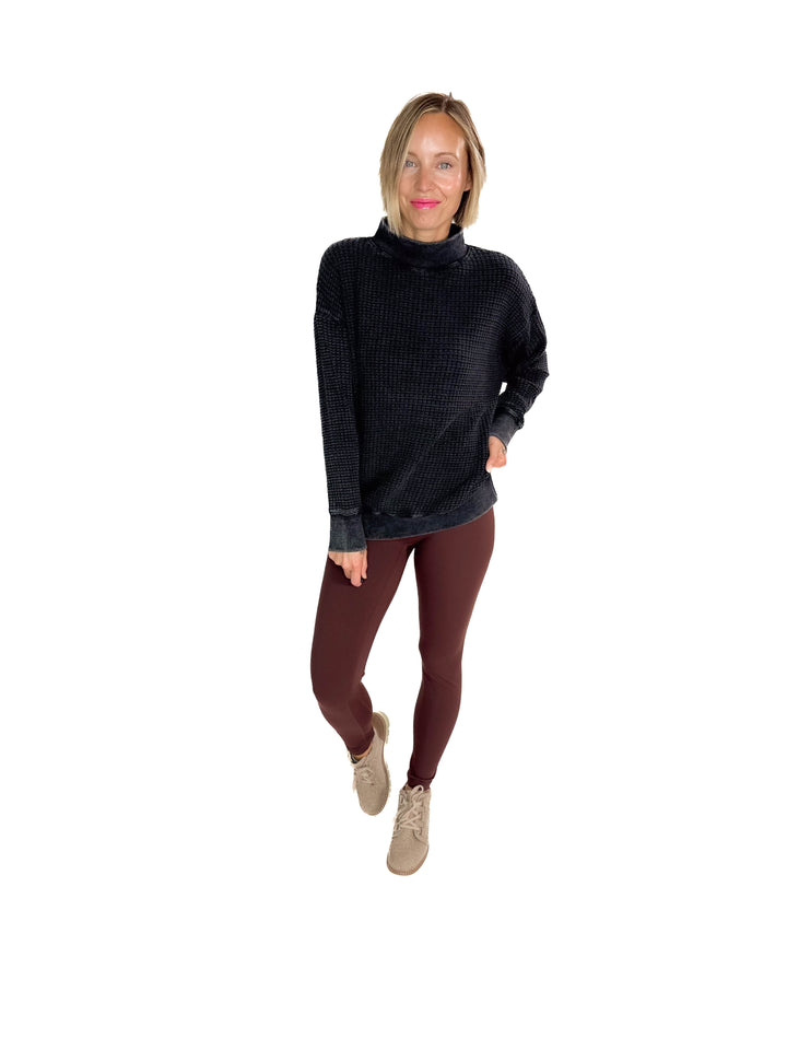 MONO B Trailblazer Chunky Waffle Mock Neck Sweater- BLACK