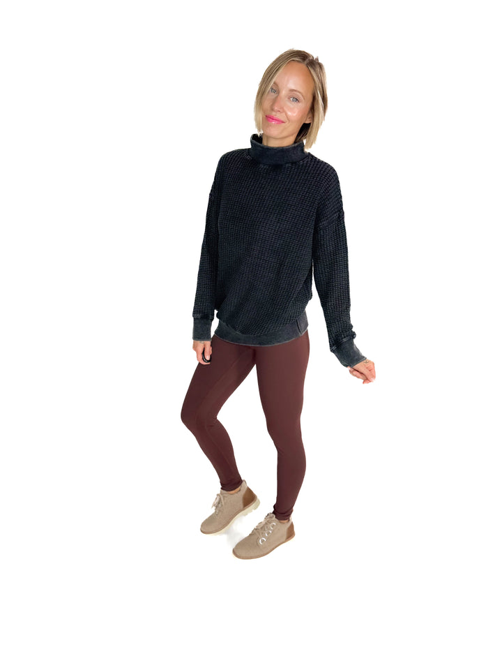 MONO B Trailblazer Chunky Waffle Mock Neck Sweater- BLACK