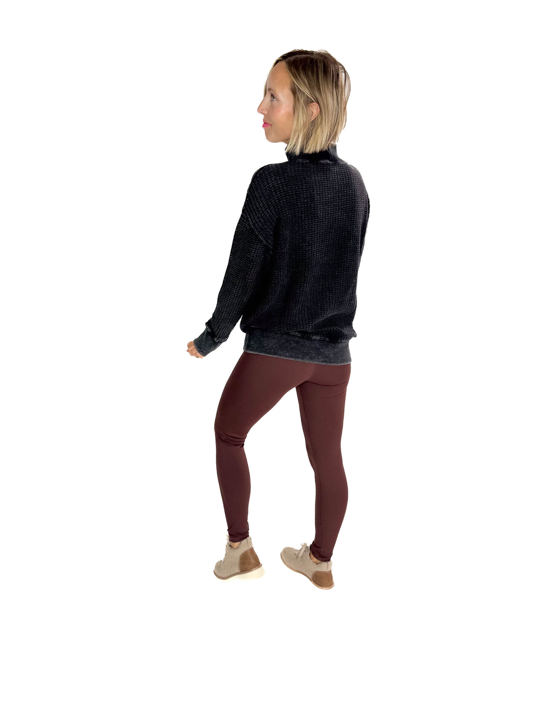 MONO B Trailblazer Chunky Waffle Mock Neck Sweater- BLACK