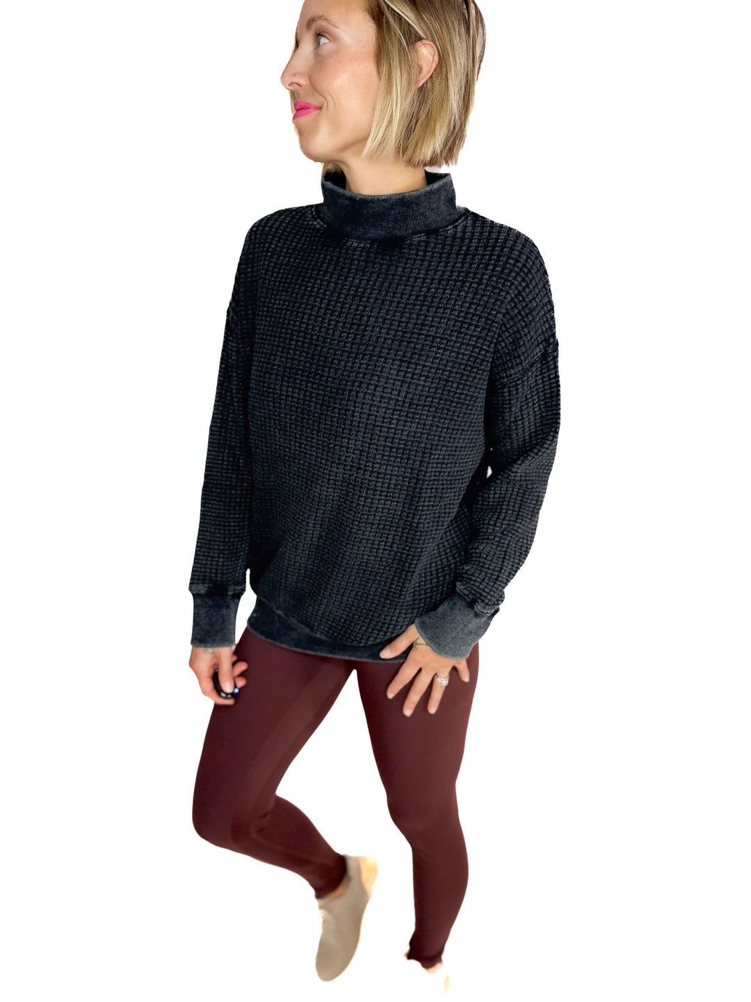 MONO B Trailblazer Chunky Waffle Mock Neck Sweater- BLACK