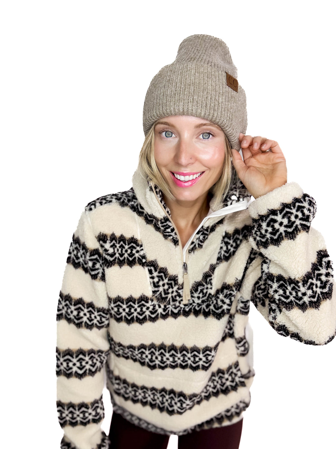 CC Ribbed Double Cuff Beanie- TAUPE