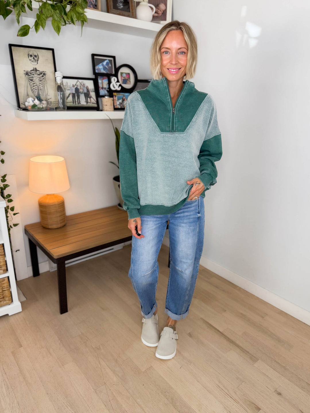 Jordana Mixed Fleece 1/4 Zip Sweatshirt- TEAL GREEN