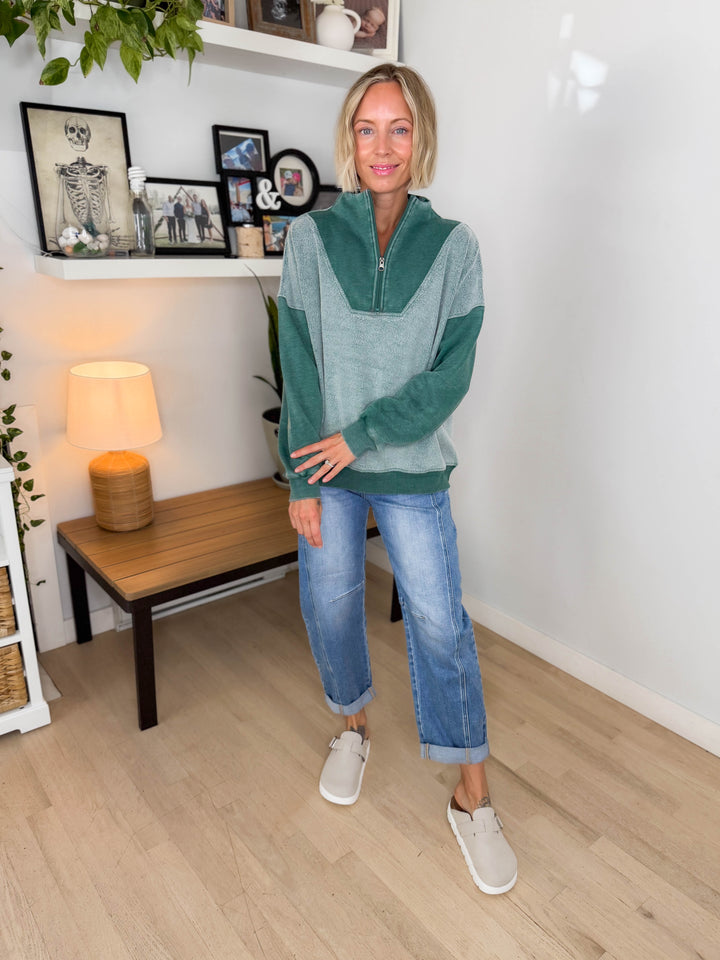 Jordana Mixed Fleece 1/4 Zip Sweatshirt- TEAL GREEN