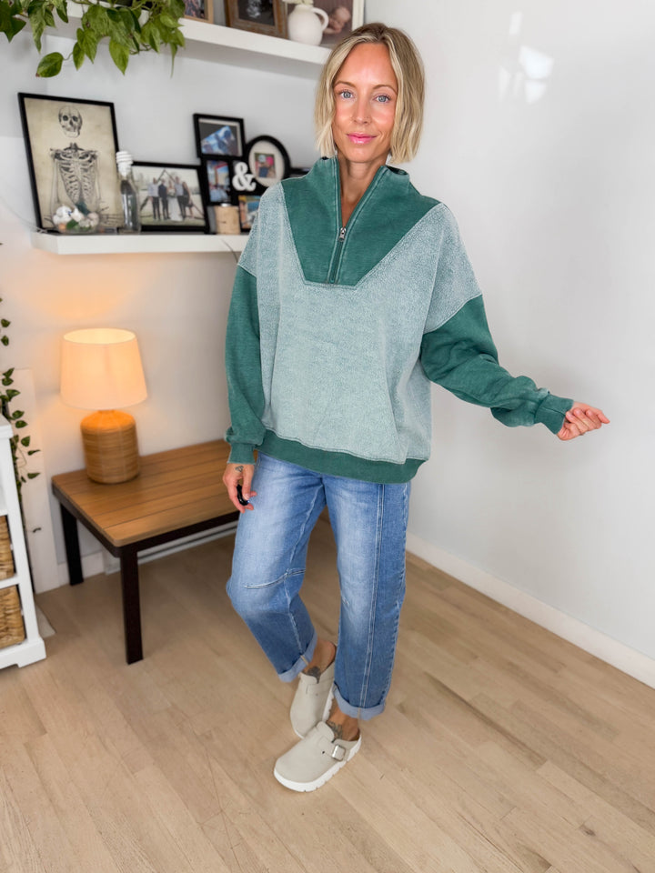 Jordana Mixed Fleece 1/4 Zip Sweatshirt- TEAL GREEN