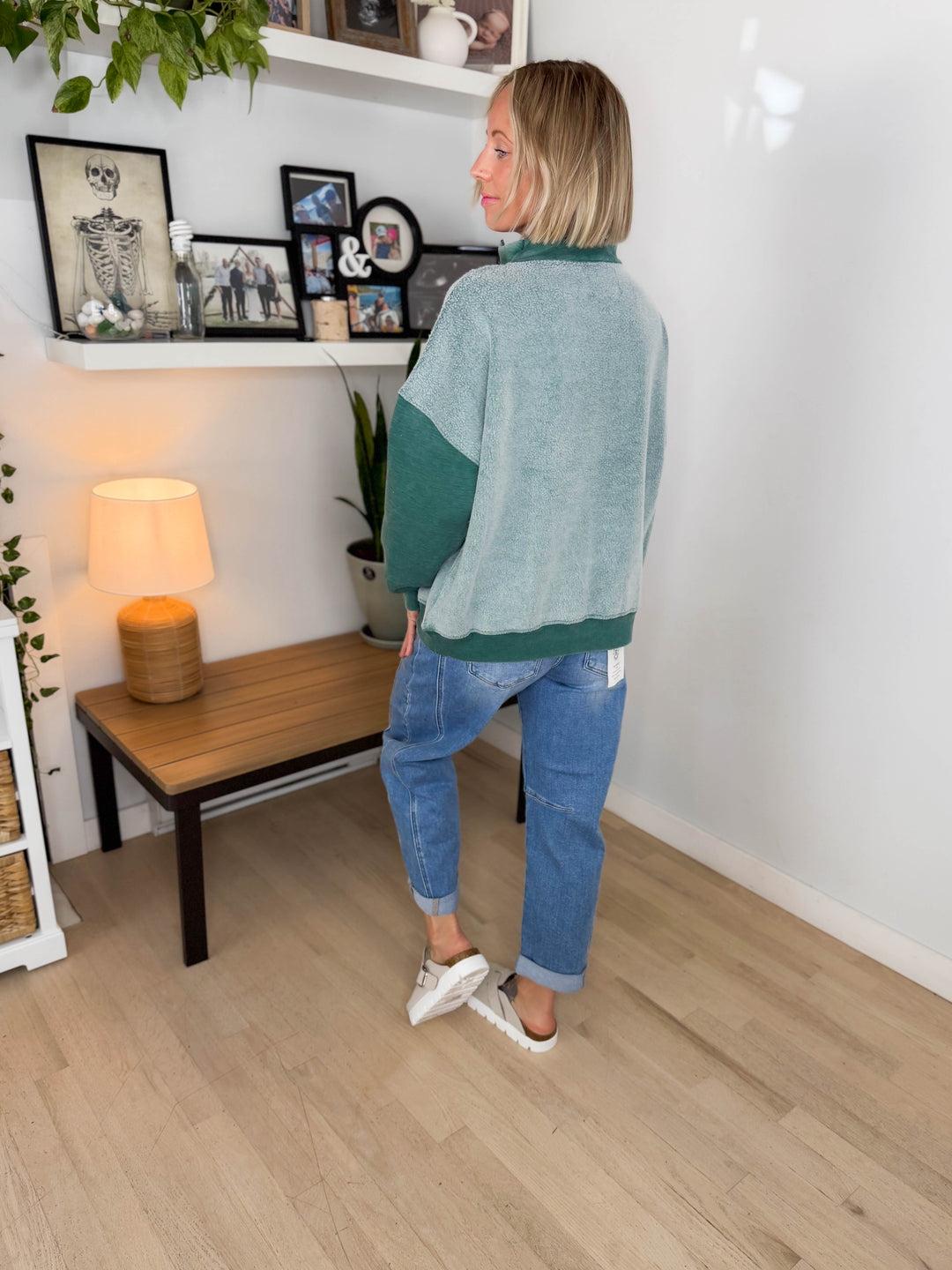 Jordana Mixed Fleece 1/4 Zip Sweatshirt- TEAL GREEN