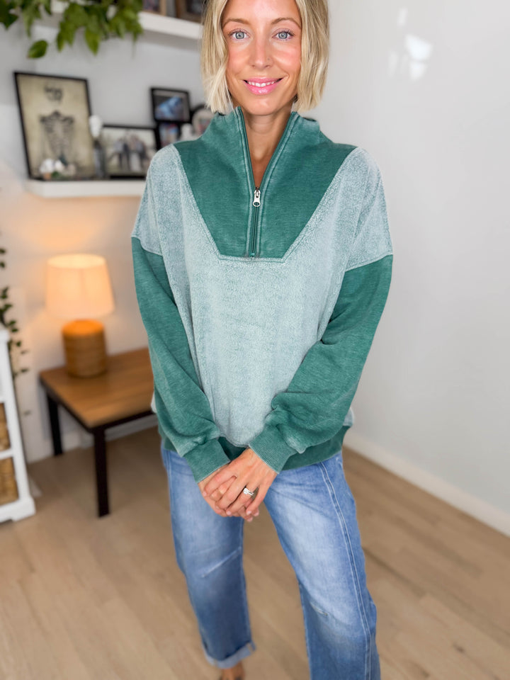 Jordana Mixed Fleece 1/4 Zip Sweatshirt- TEAL GREEN
