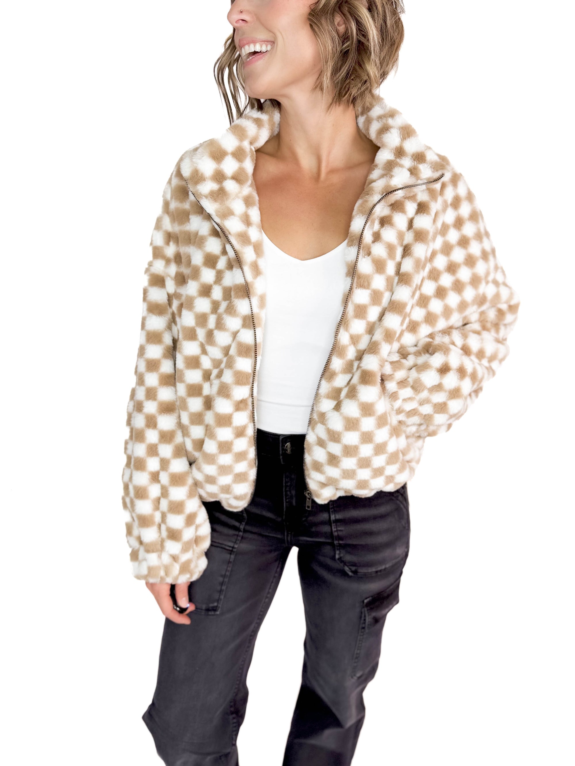 Gracie Faux Fur Checker Jacket- TAUPE