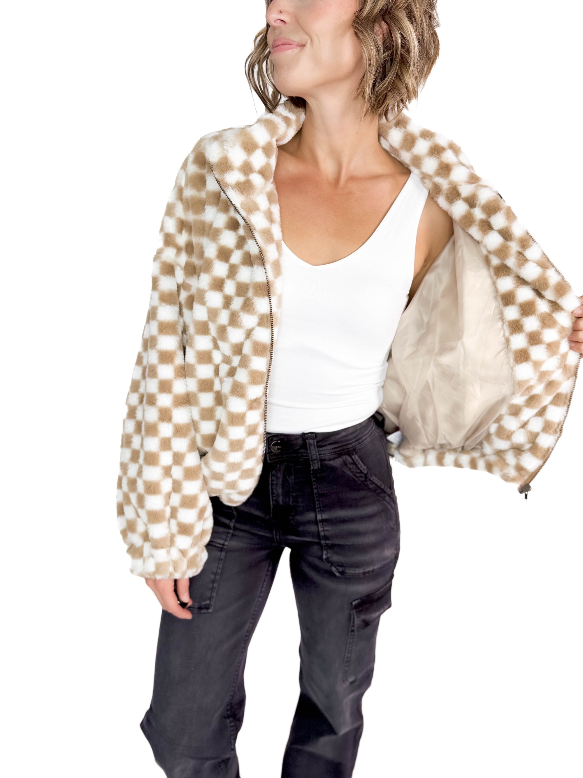 Gracie Faux Fur Checker Jacket- TAUPE