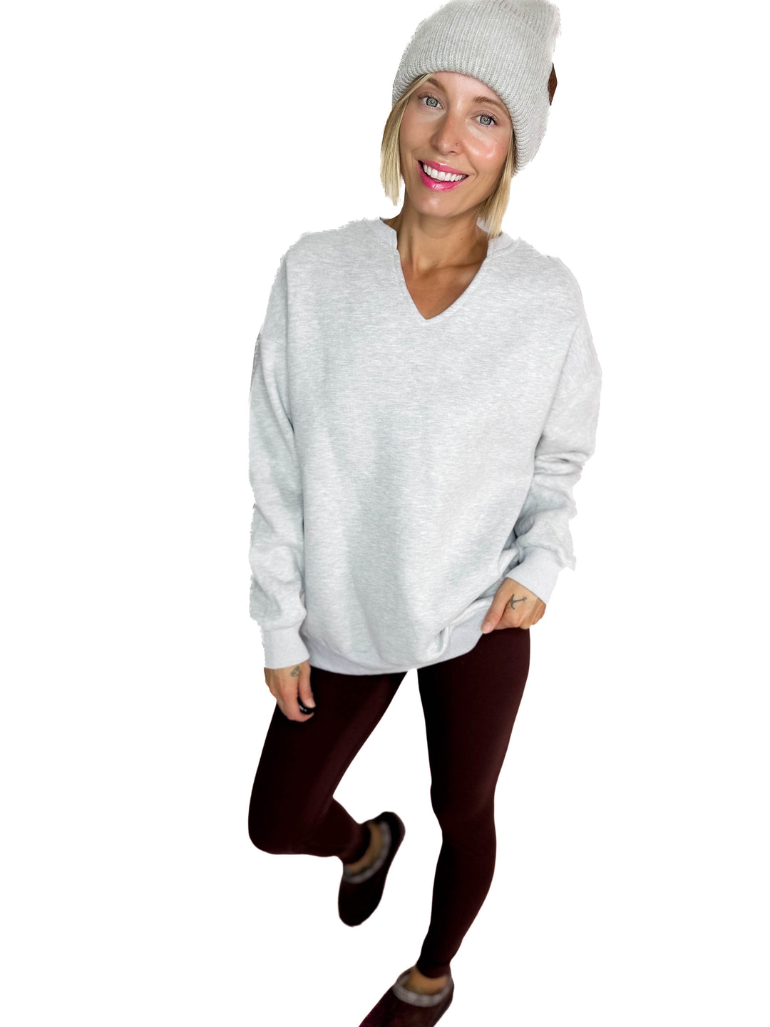 Birdie Split Hem Fleece Pullover- HTHR GREY