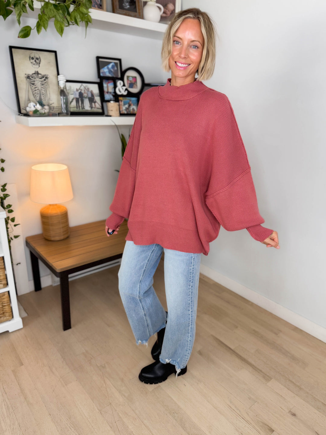Frosted Pines Oversized Side Slit Sweater- WINTER ROSE
