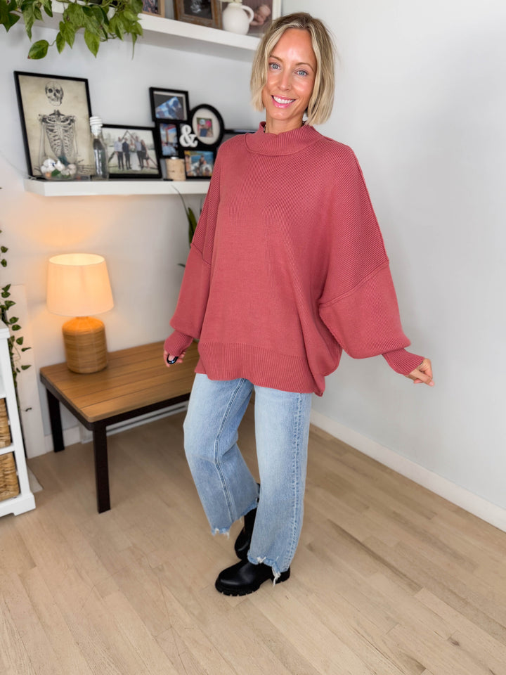 Frosted Pines Oversized Side Slit Sweater- WINTER ROSE