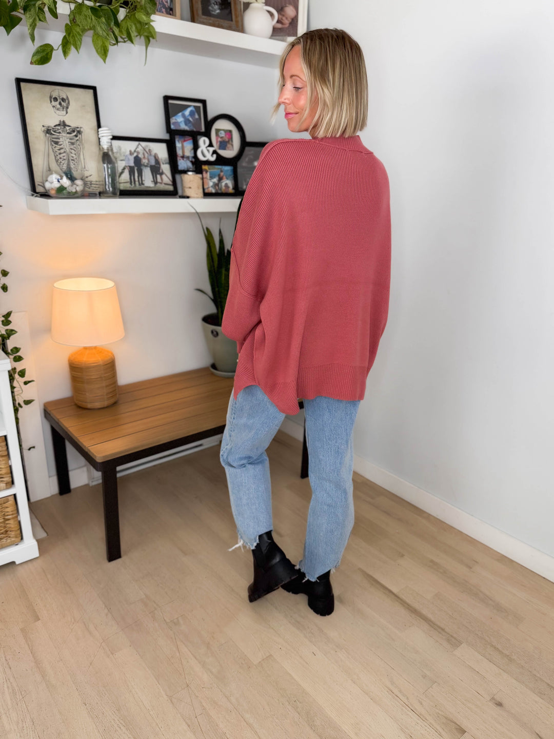Frosted Pines Oversized Side Slit Sweater- WINTER ROSE