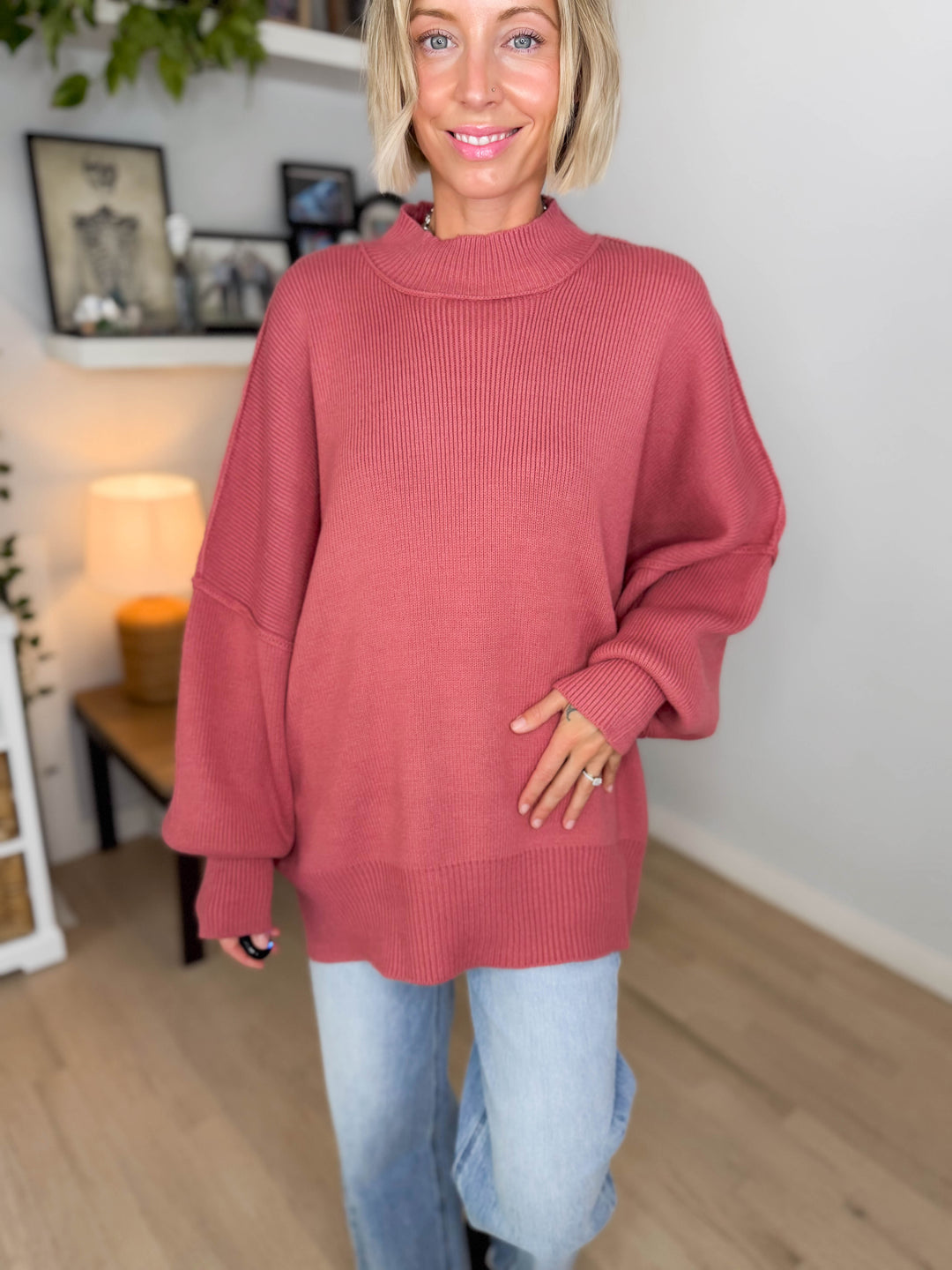 Frosted Pines Oversized Side Slit Sweater- WINTER ROSE