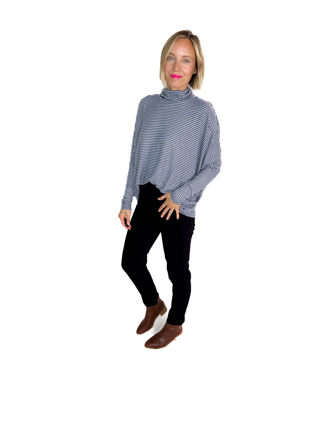 Mira Mock Neck Top- DUSTY NAVY/CREAM