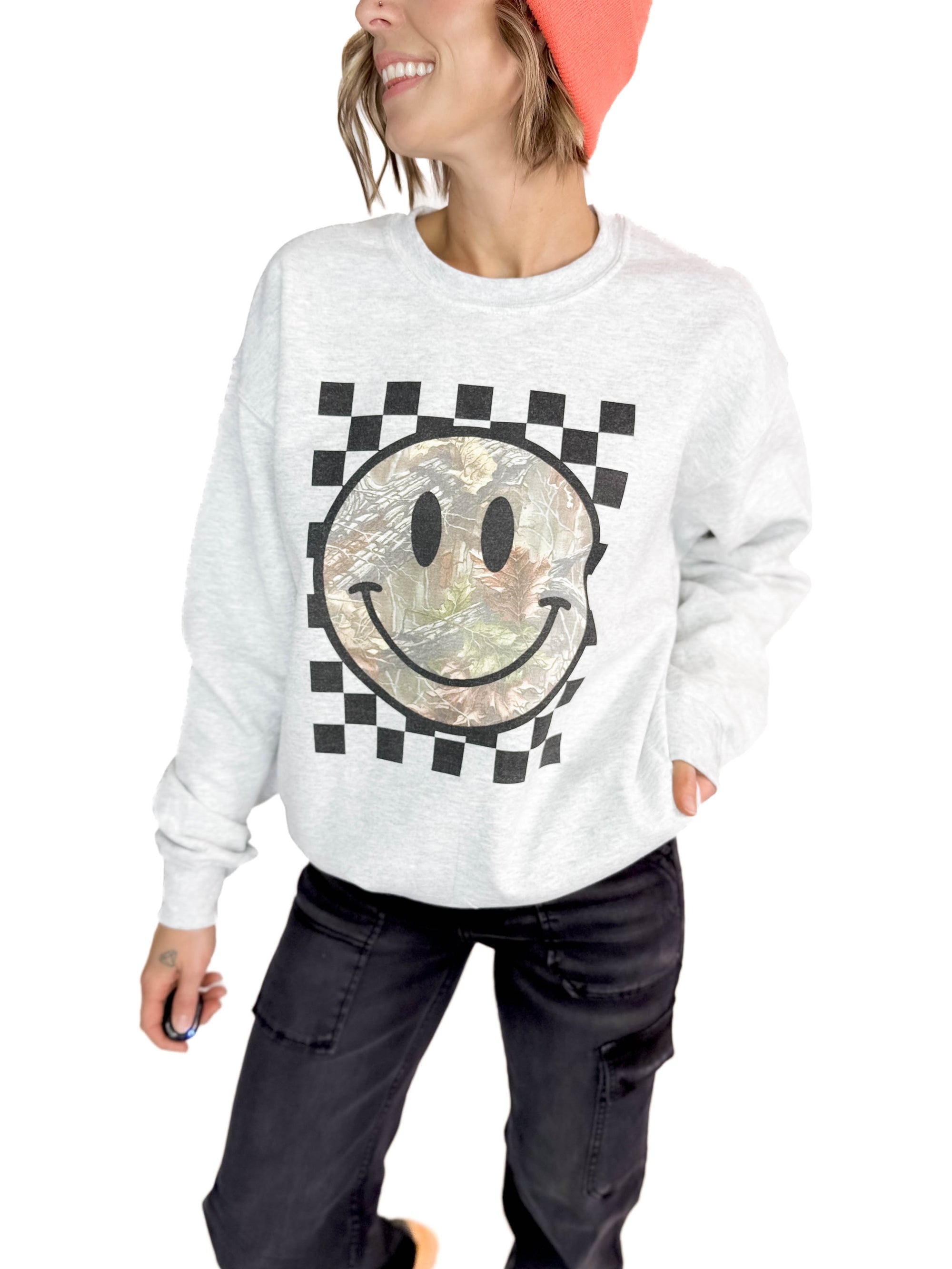 Camo Smiley Crewneck- ASH