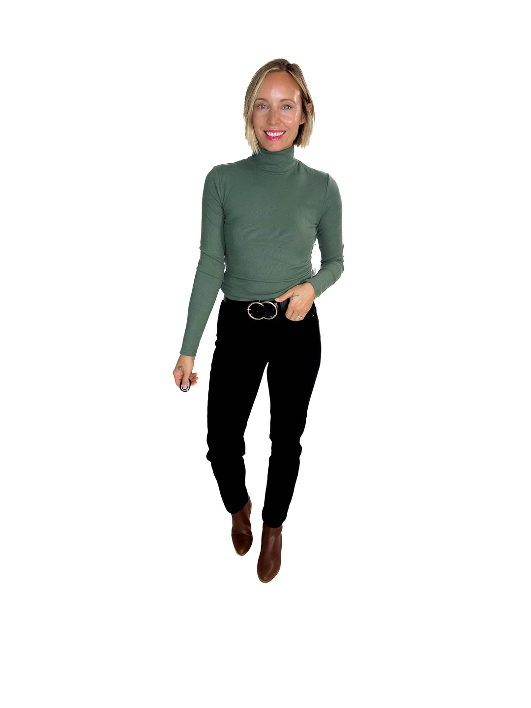 MONO B Linley Ribbed Mock Neck- SILKY PINE
