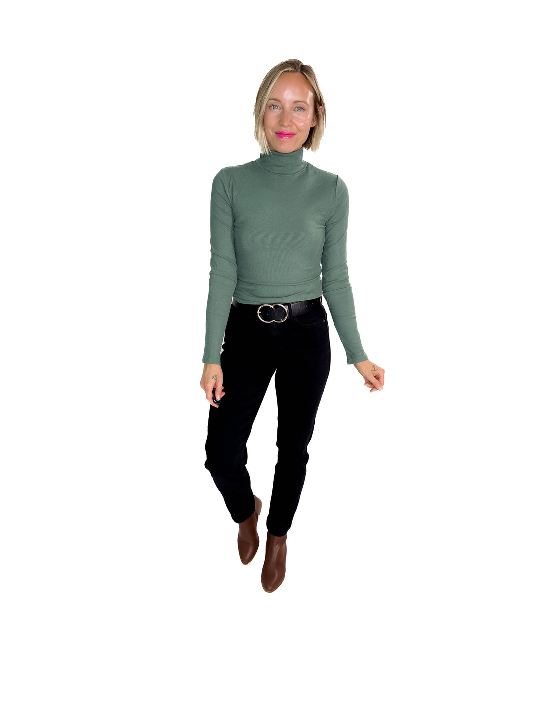 MONO B Linley Ribbed Mock Neck- SILKY PINE