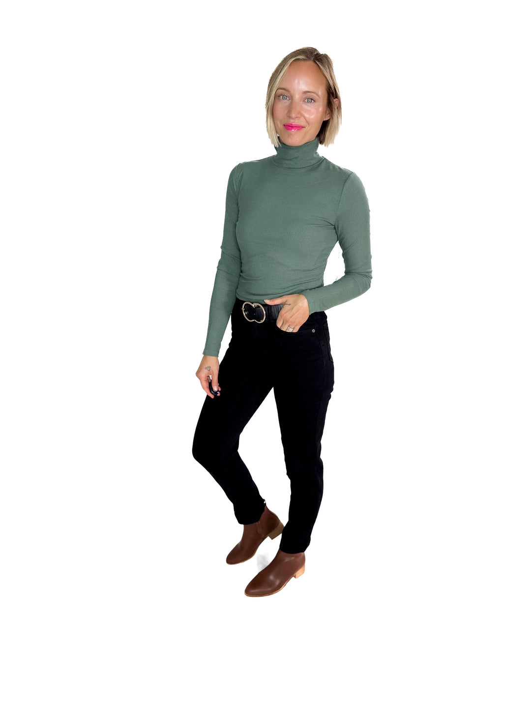 MONO B Linley Ribbed Mock Neck- SILKY PINE