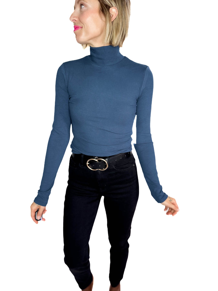 MONO B Linley Ribbed Mock Neck- MIDNIGHT NAVY