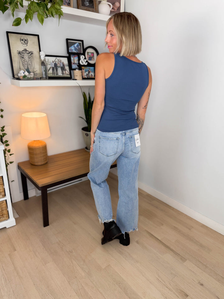 Mono B Billie Square Neck Micro RIbbed Tank Top- OCEAN