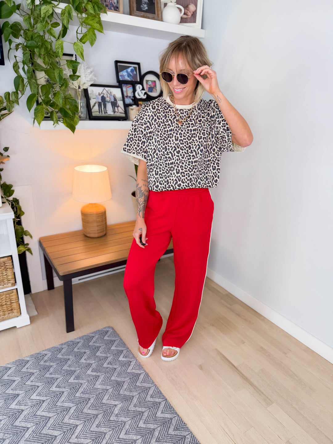 Ella Modal Straight Leg Pant- TRUE RED/CREAM-FINAL SALE