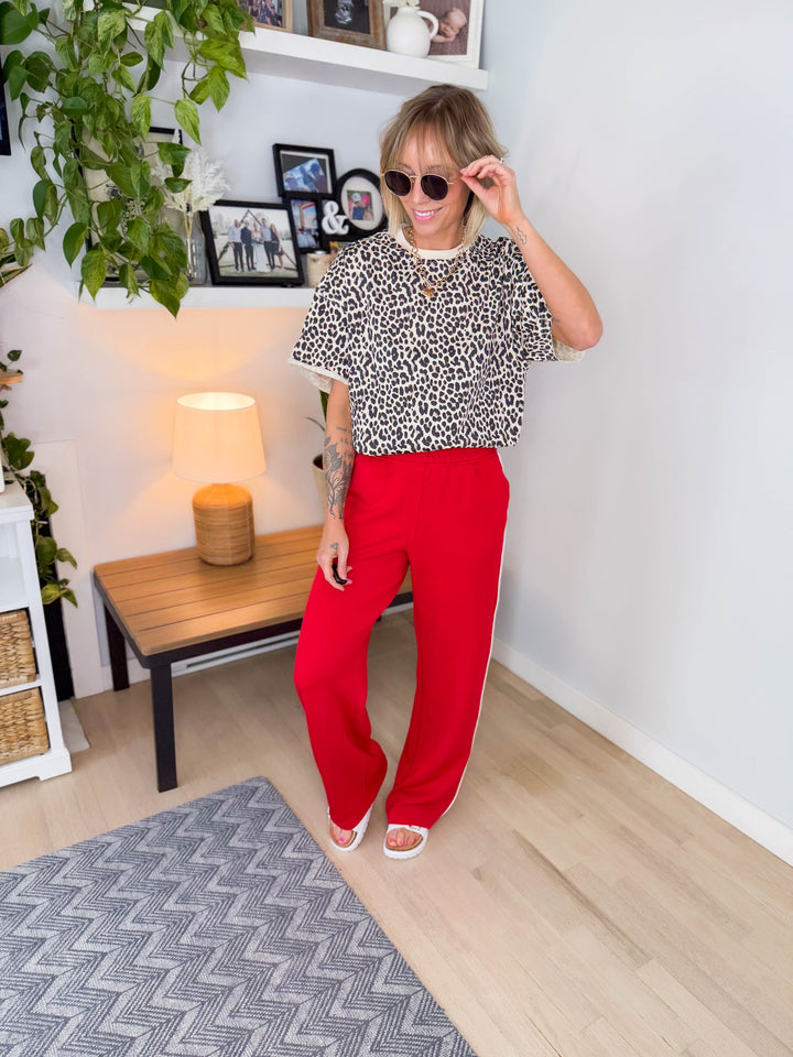 Ella Modal Straight Leg Pant- TRUE RED/CREAM-FINAL SALE