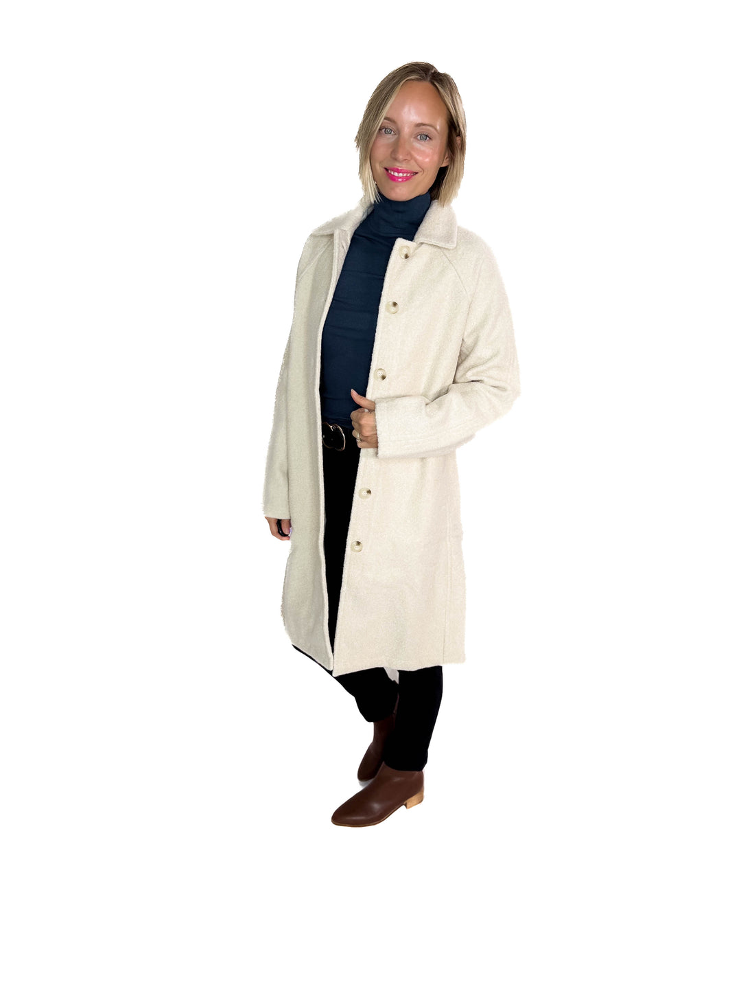 Frosty Boucle Long Button Coat- ECRU OATMEAL