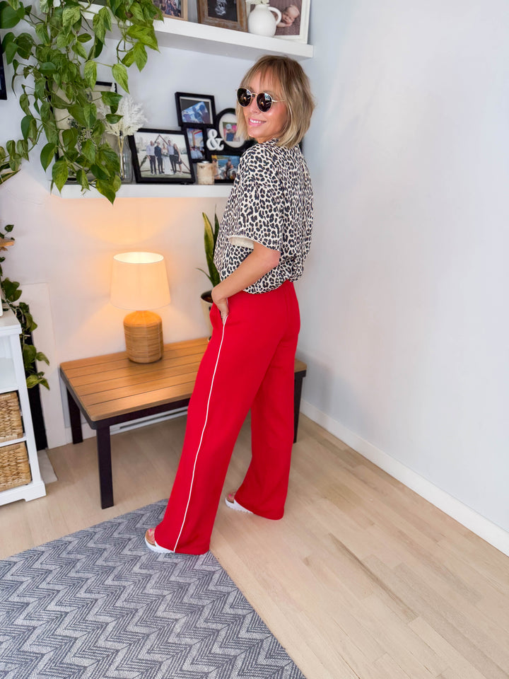 Ella Modal Straight Leg Pant- TRUE RED/CREAM-FINAL SALE
