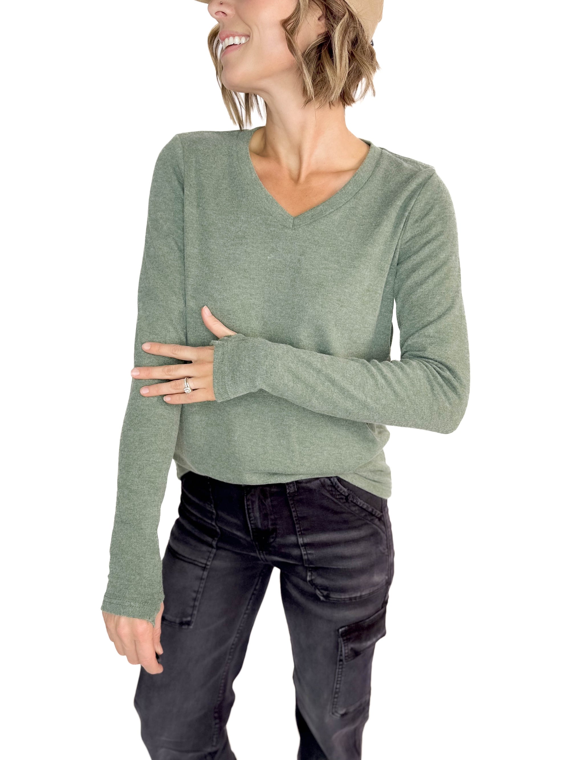 Leah Premium Thumbhole Long Sleeve- HTHR GREEN