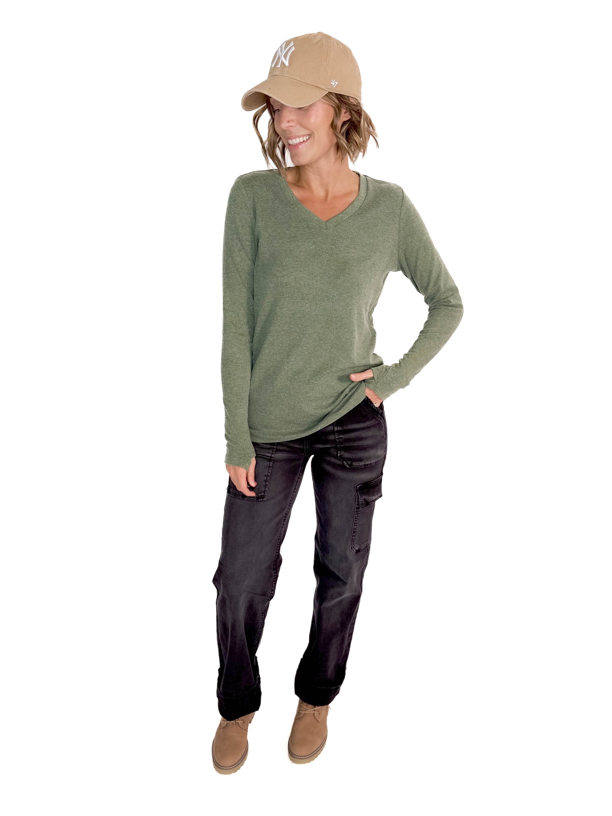 Leah Premium Thumbhole Long Sleeve- HTHR GREEN