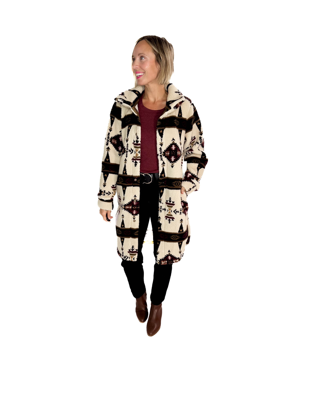 Ainsley Longline Sherpa Jacket- SEPIA GEOMETRIC