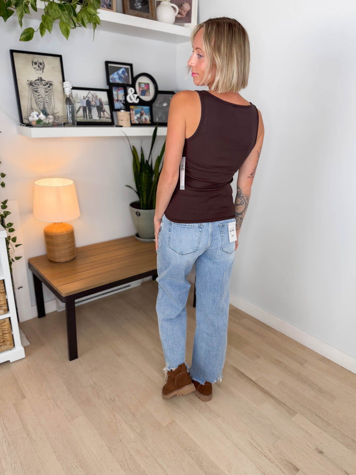 Mono B Billie Square Neck Micro RIbbed Tank Top- COFFEE BEAN