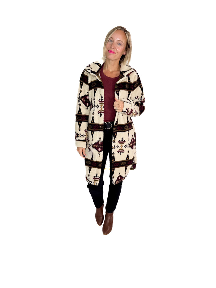 Ainsley Longline Sherpa Jacket- SEPIA GEOMETRIC