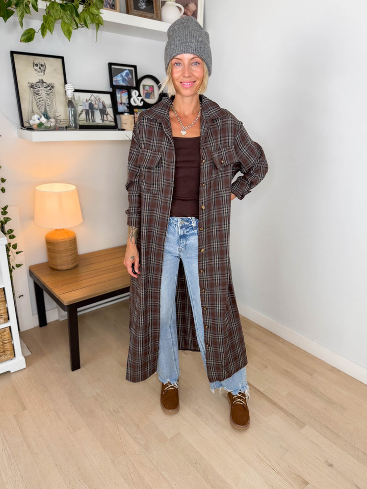 Jovie Plaid Duster- BROWN CREAM & BLUE PLAID