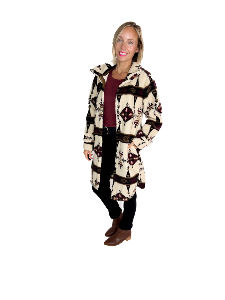 Ainsley Longline Sherpa Jacket- SEPIA GEOMETRIC