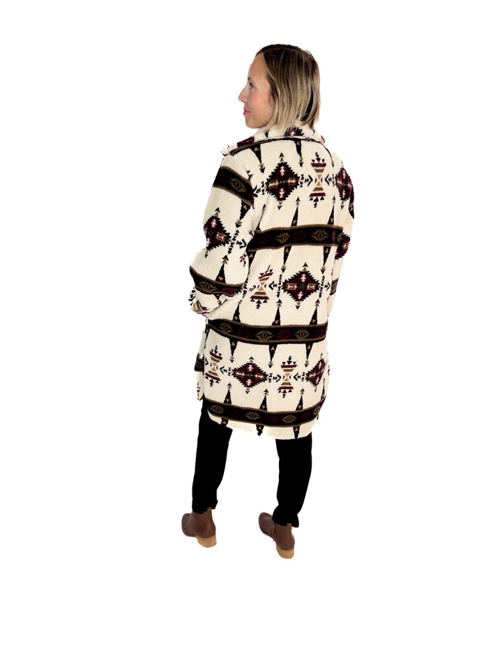 Ainsley Longline Sherpa Jacket- SEPIA GEOMETRIC