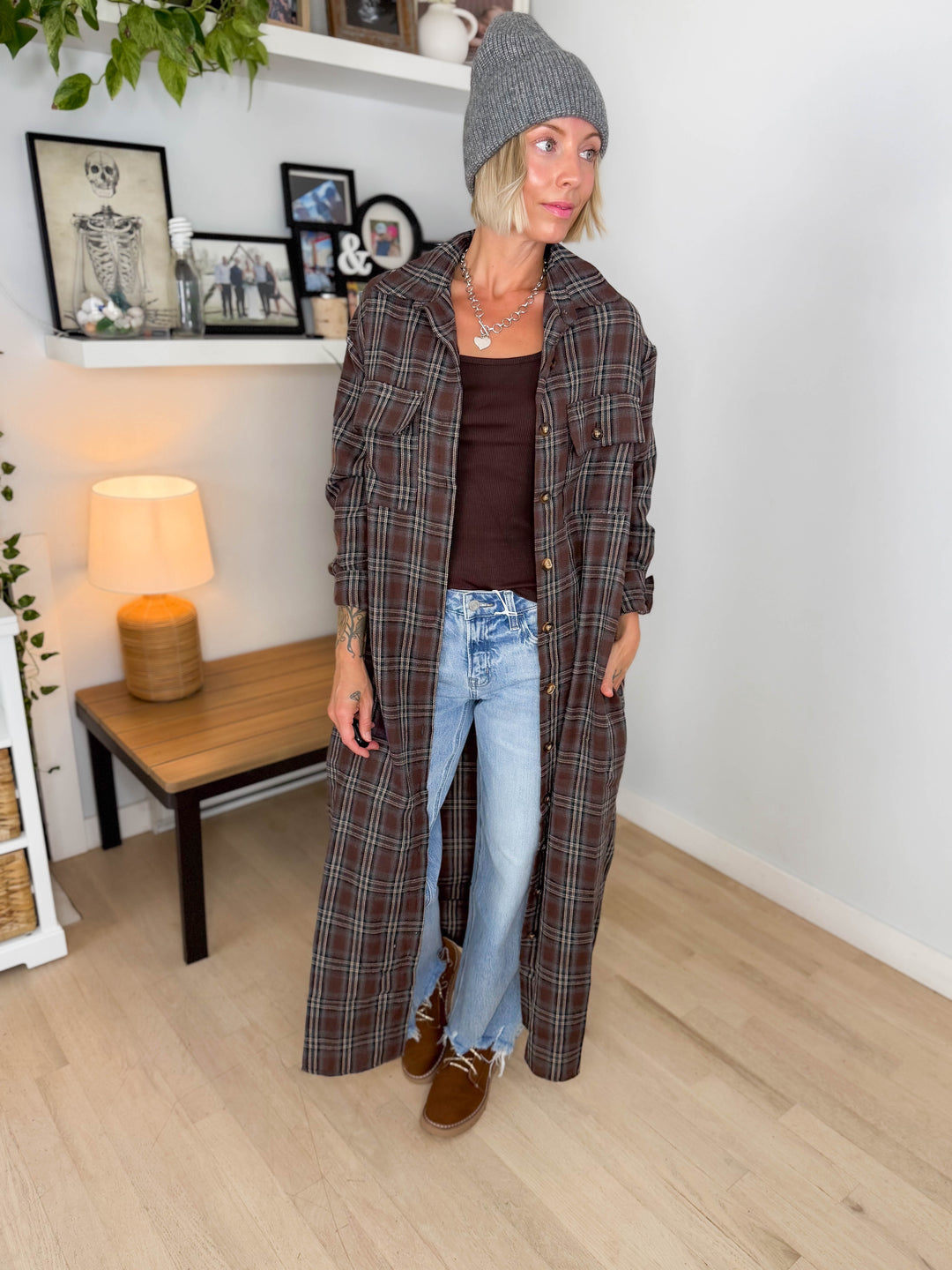 Jovie Plaid Duster- BROWN CREAM & BLUE PLAID