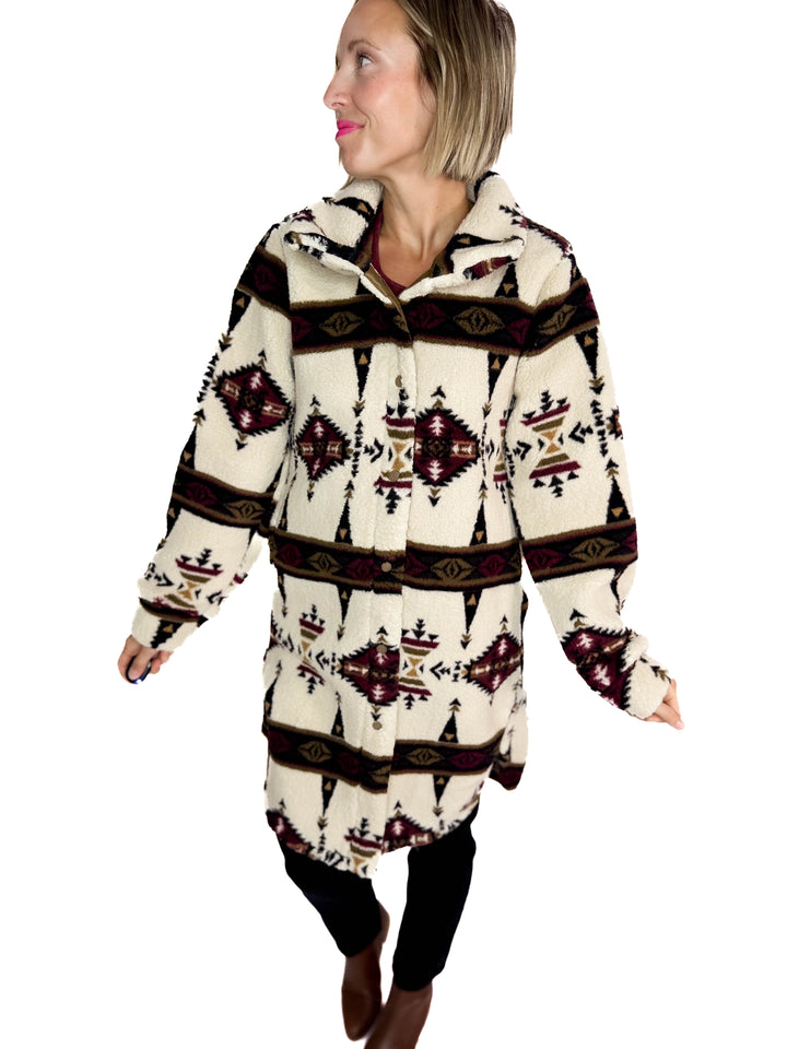 Ainsley Longline Sherpa Jacket- SEPIA GEOMETRIC