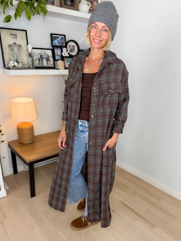 Jovie Plaid Duster- BROWN CREAM & BLUE PLAID