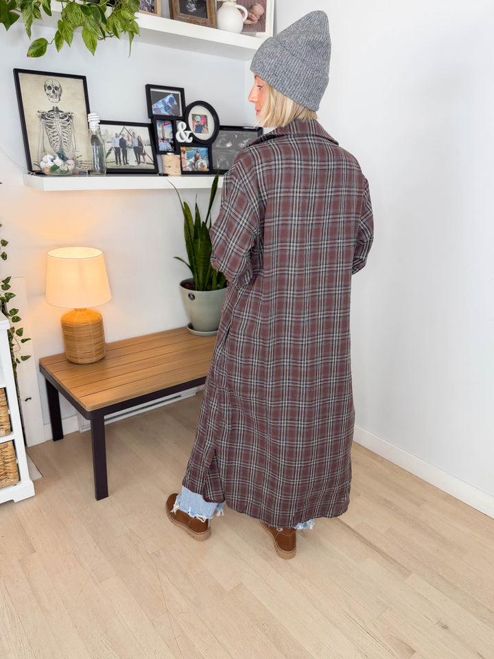 Jovie Plaid Duster- BROWN CREAM & BLUE PLAID