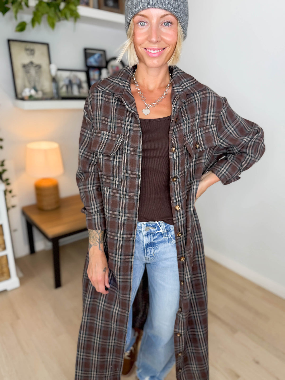 Jovie Plaid Duster- BROWN CREAM & BLUE PLAID