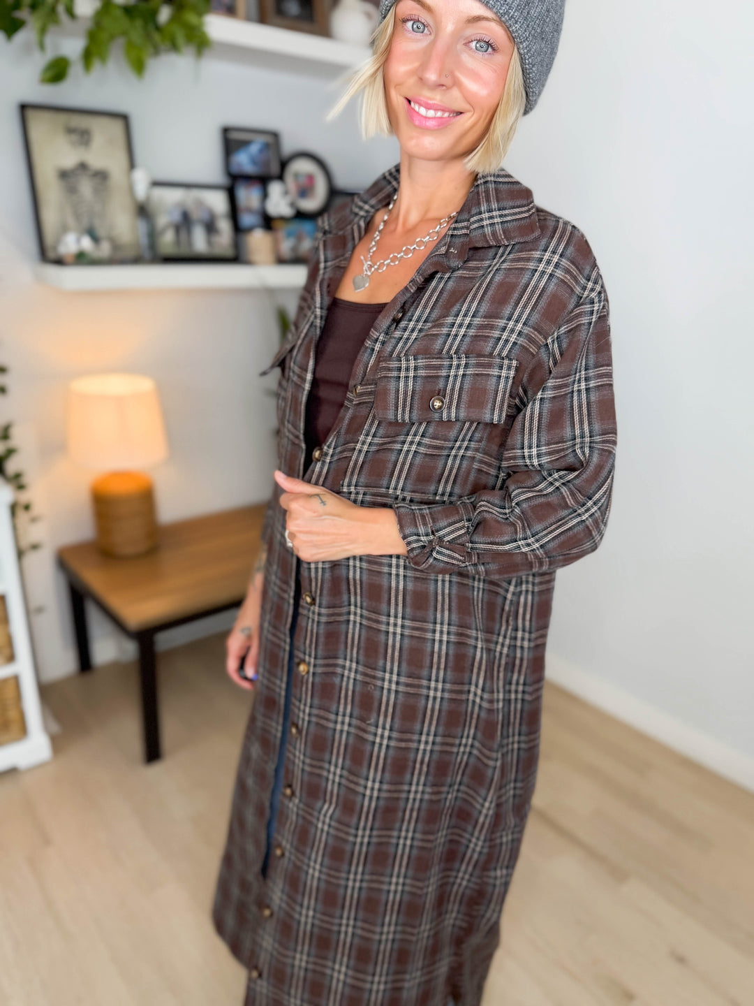 Jovie Plaid Duster- BROWN CREAM & BLUE PLAID