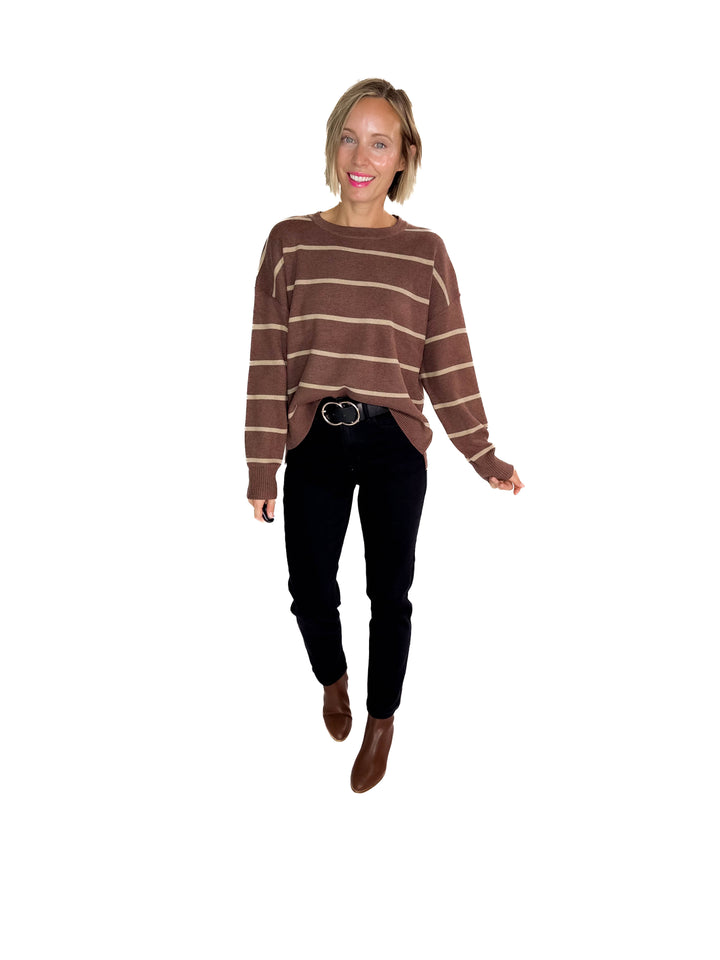 Fiora Striped Sweater With Drop Shoulder- CHOCOLATE