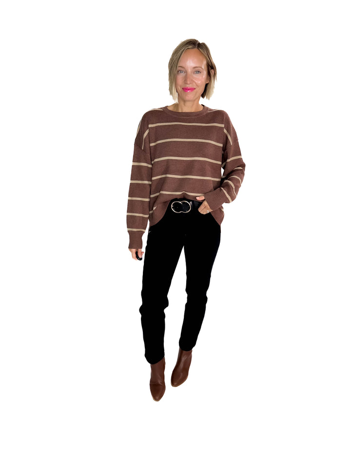 Fiora Striped Sweater With Drop Shoulder- CHOCOLATE