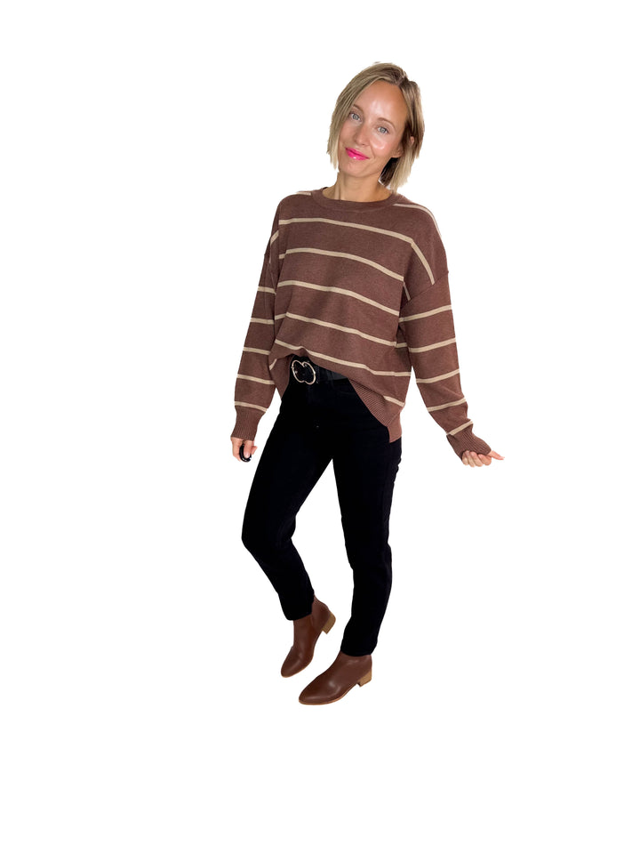 Fiora Striped Sweater With Drop Shoulder- CHOCOLATE