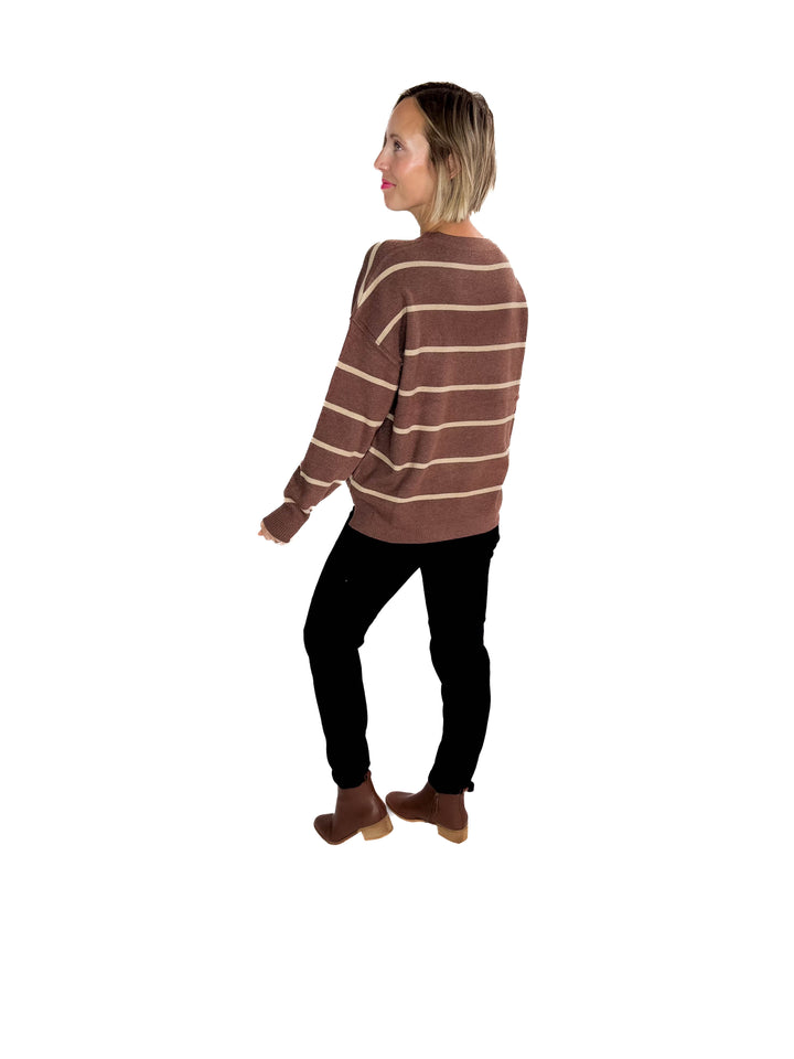 Fiora Striped Sweater With Drop Shoulder- CHOCOLATE