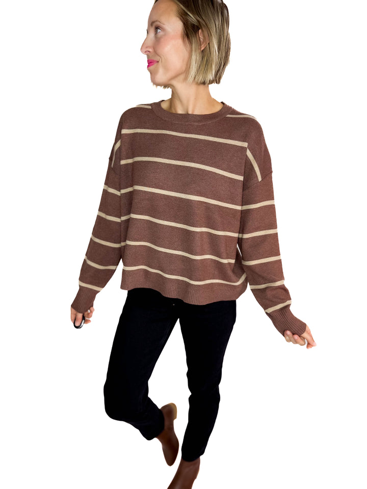 Fiora Striped Sweater With Drop Shoulder- CHOCOLATE
