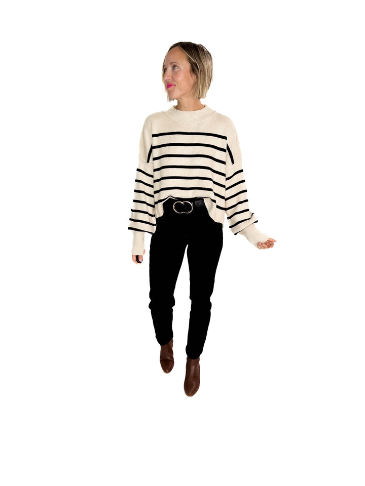 Tory Striped Ribbed Crewneck Sweater Top- KHAKI/BLACK
